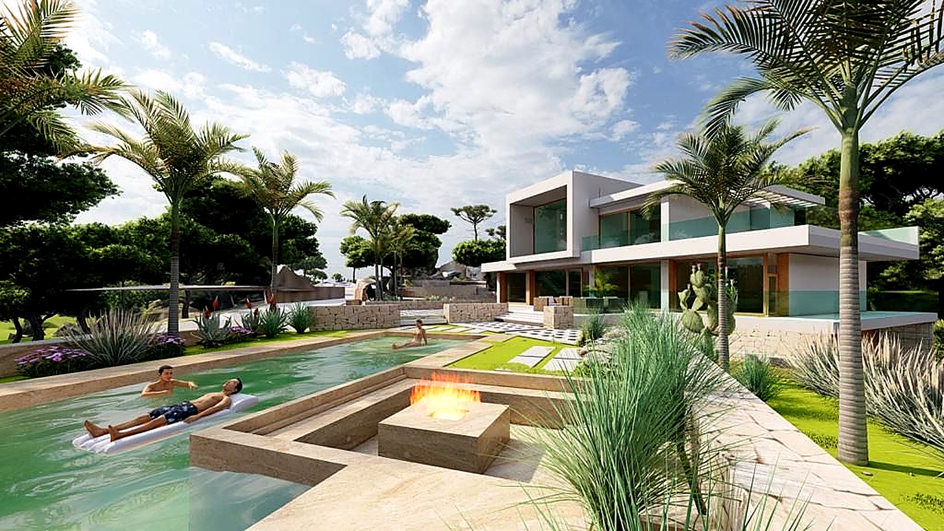 Villa El Planet — zona exterior con piscina y chimenea